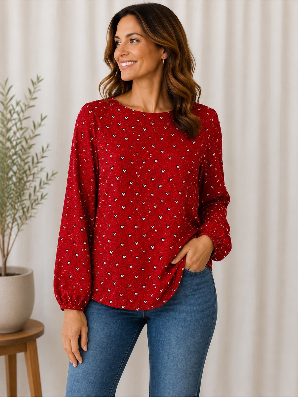 Adrianna Papell Red Heart Print Blouse XL Long Sleeve Romantic Valentine Top